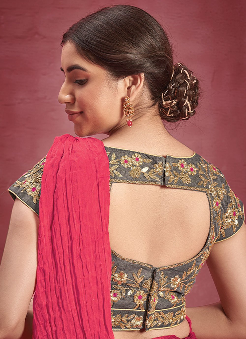 Classic Georgette Silk Grey Pink Embroidered Saree