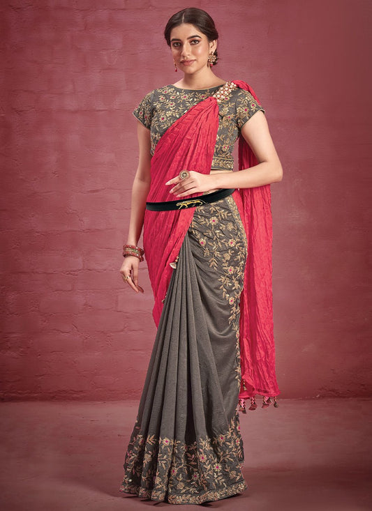 Classic Georgette Silk Grey Pink Embroidered Saree