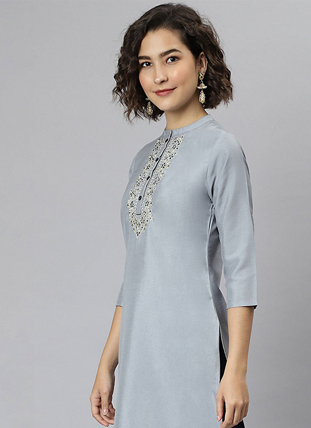 Casual Kurti Silk Grey Embroidered Kurtis