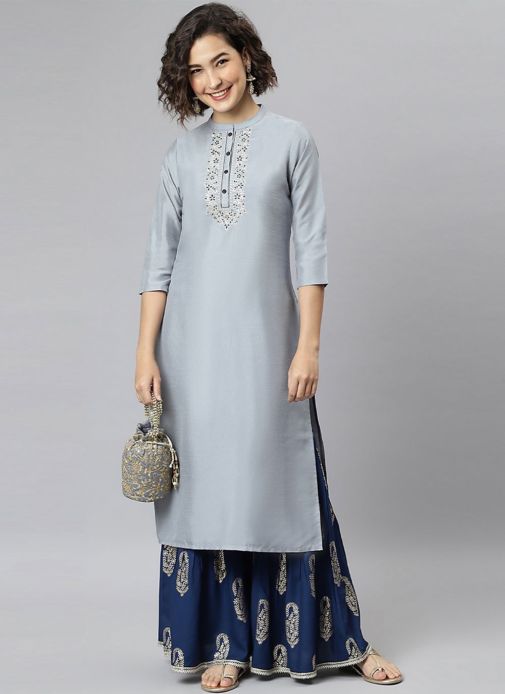 Casual Kurti Silk Grey Embroidered Kurtis