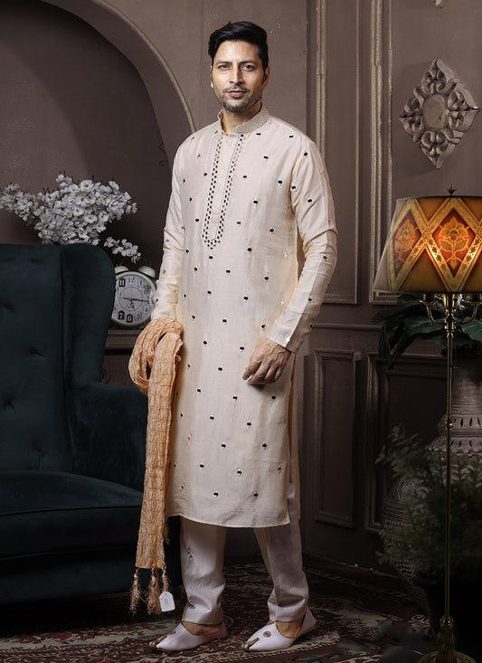 Kurta Pyjama Silk Cream Embroidered Mens