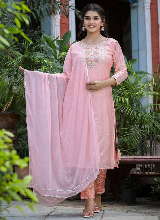 Floor Lenght Salwar Suit Silk Pink Embroidered Salwar Kameez