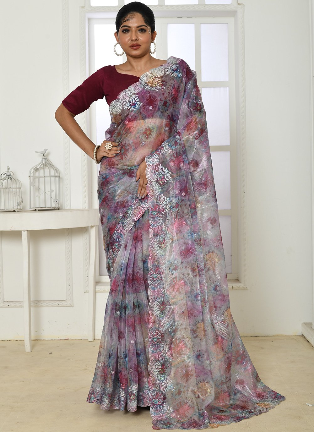 Trendy Saree Organza Silk Multi Colour Embroidered Saree