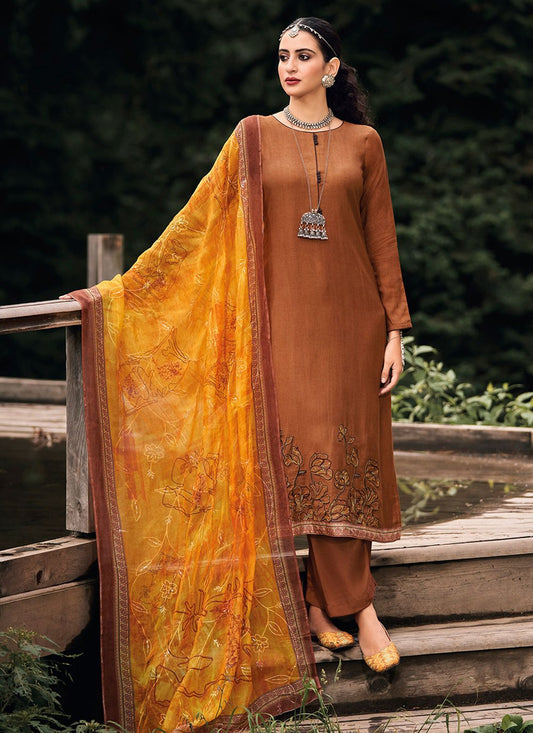 Pakistani Salwar Suit Silk Brown Embroidered Salwar Kameez