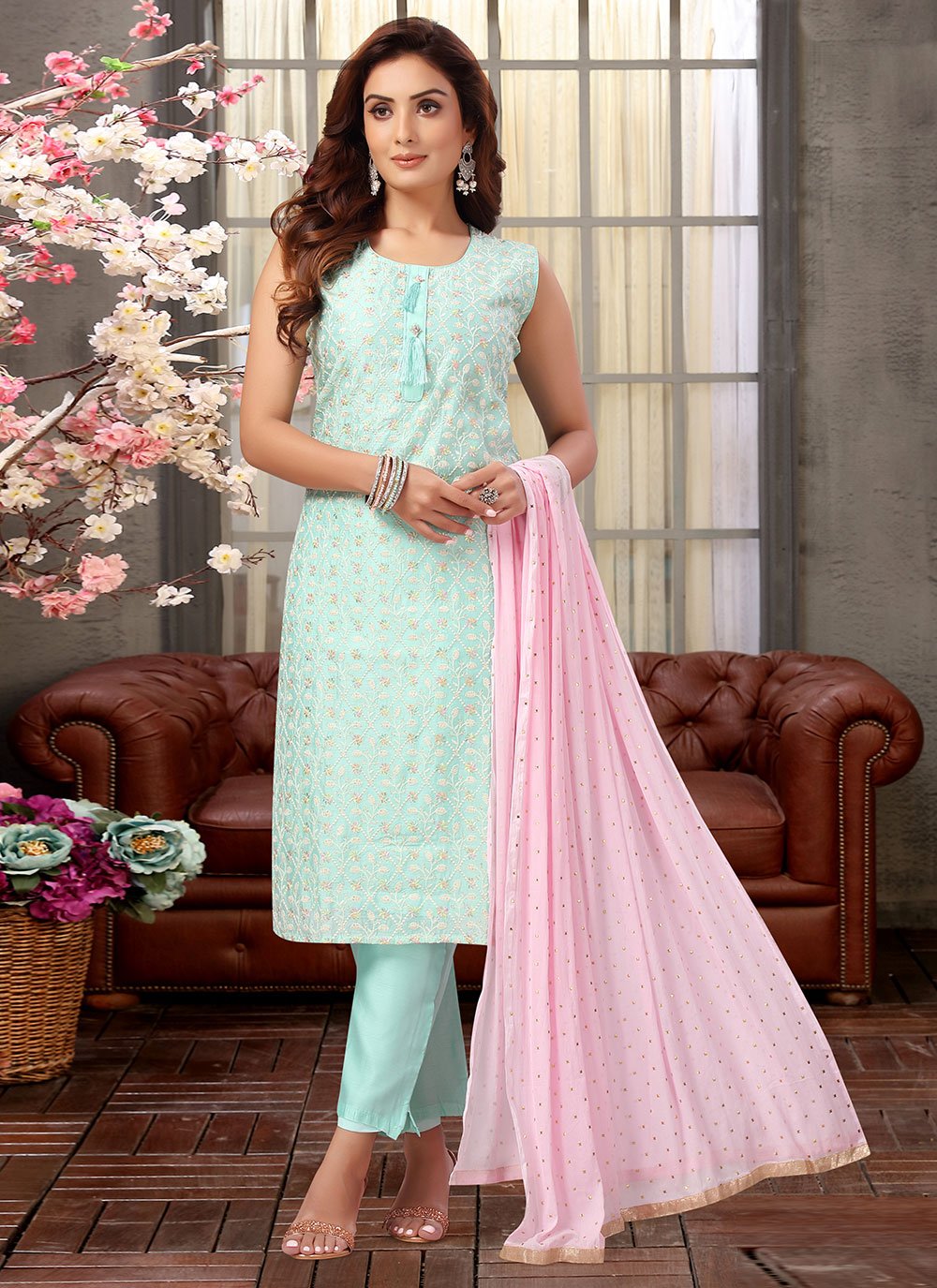 Pant Style Suit Silk Aqua Blue Embroidered Salwar Kameez