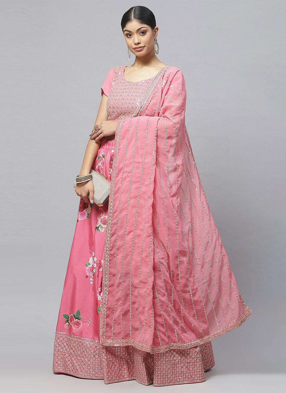 A Line Lehenga Silk Pink Embroidered Lehenga Choli