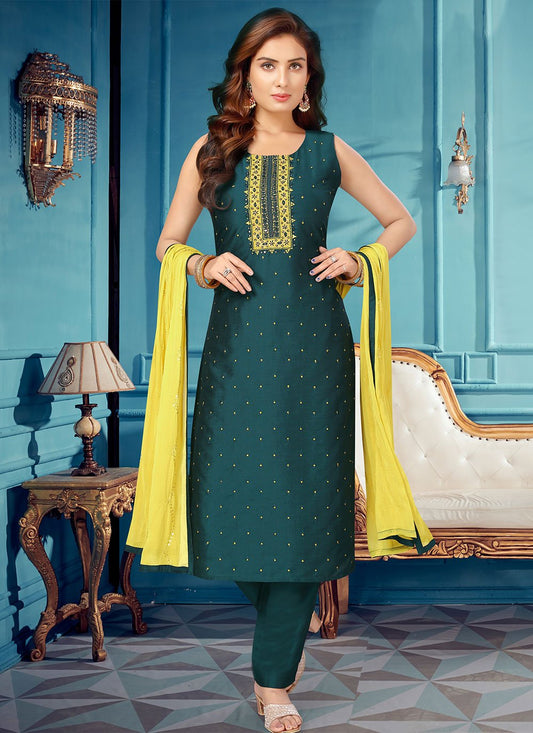 Salwar Suit Silk Green Embroidered Salwar Kameez