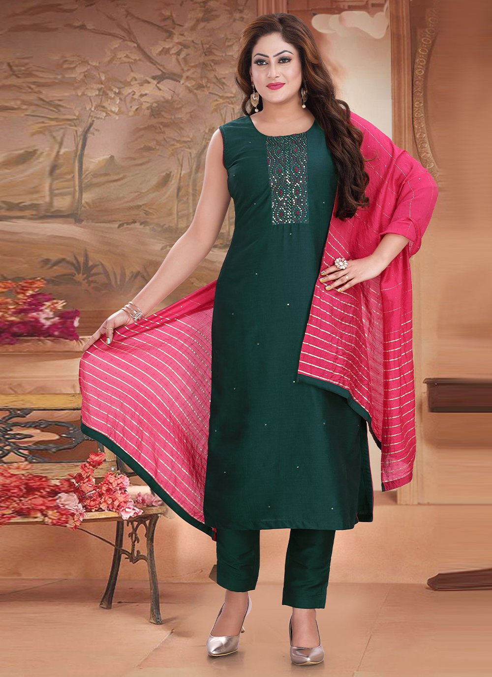 Salwar Suit Silk Green Embroidered Salwar Kameez