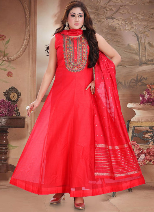 Salwar Suit Silk Red Embroidered Salwar Kameez