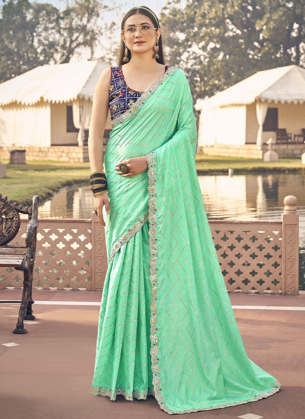 Classic Silk Sea Green Embroidered Saree