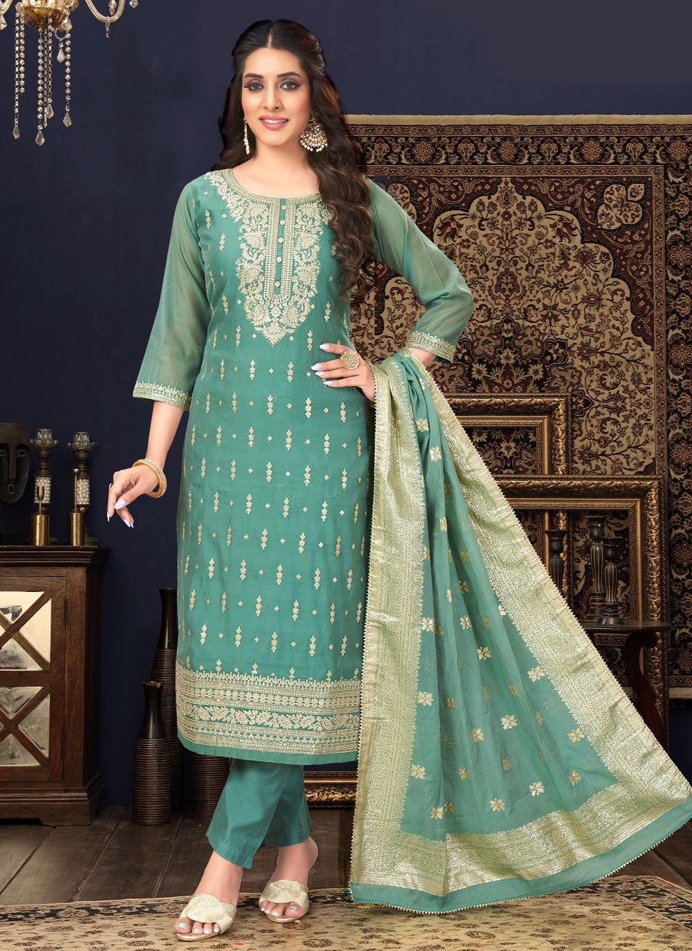 Straight Salwar Suit Silk Sea Green Embroidered Salwar Kameez