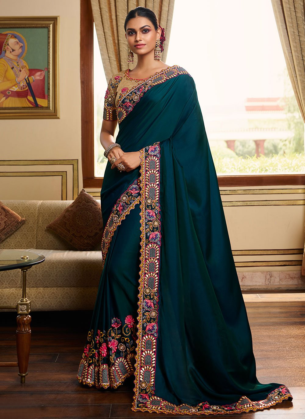 Classic Silk Teal Embroidered Saree