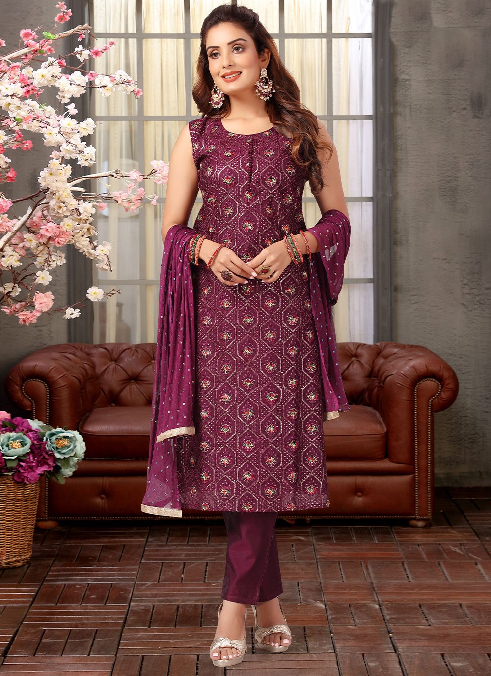 Salwar Suit Silk Purple Embroidered Salwar Kameez