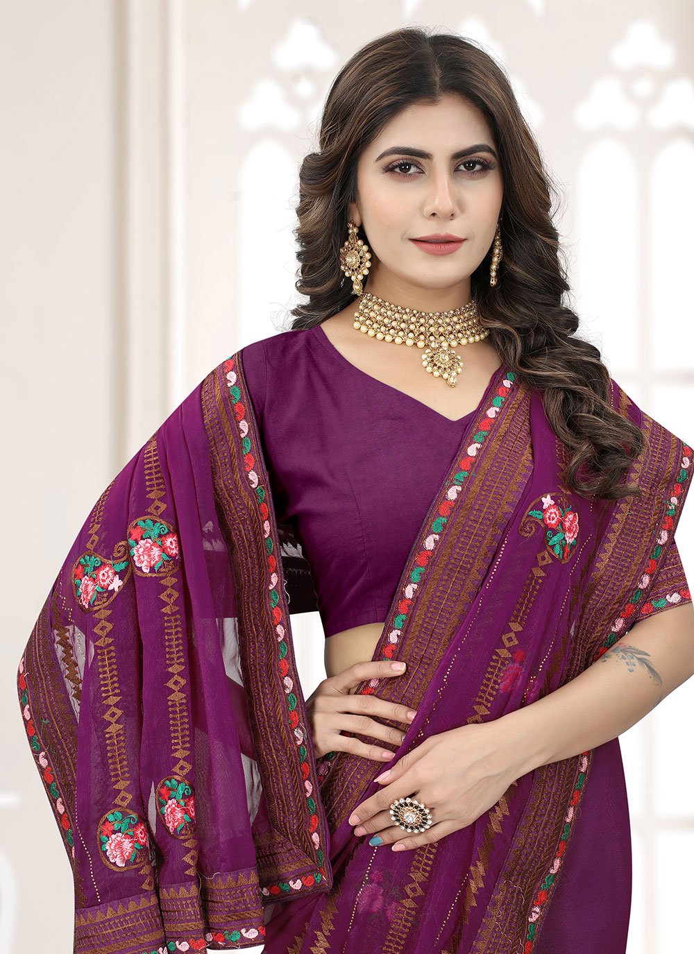 Trendy Saree Shimmer Silk Purple Embroidered Saree