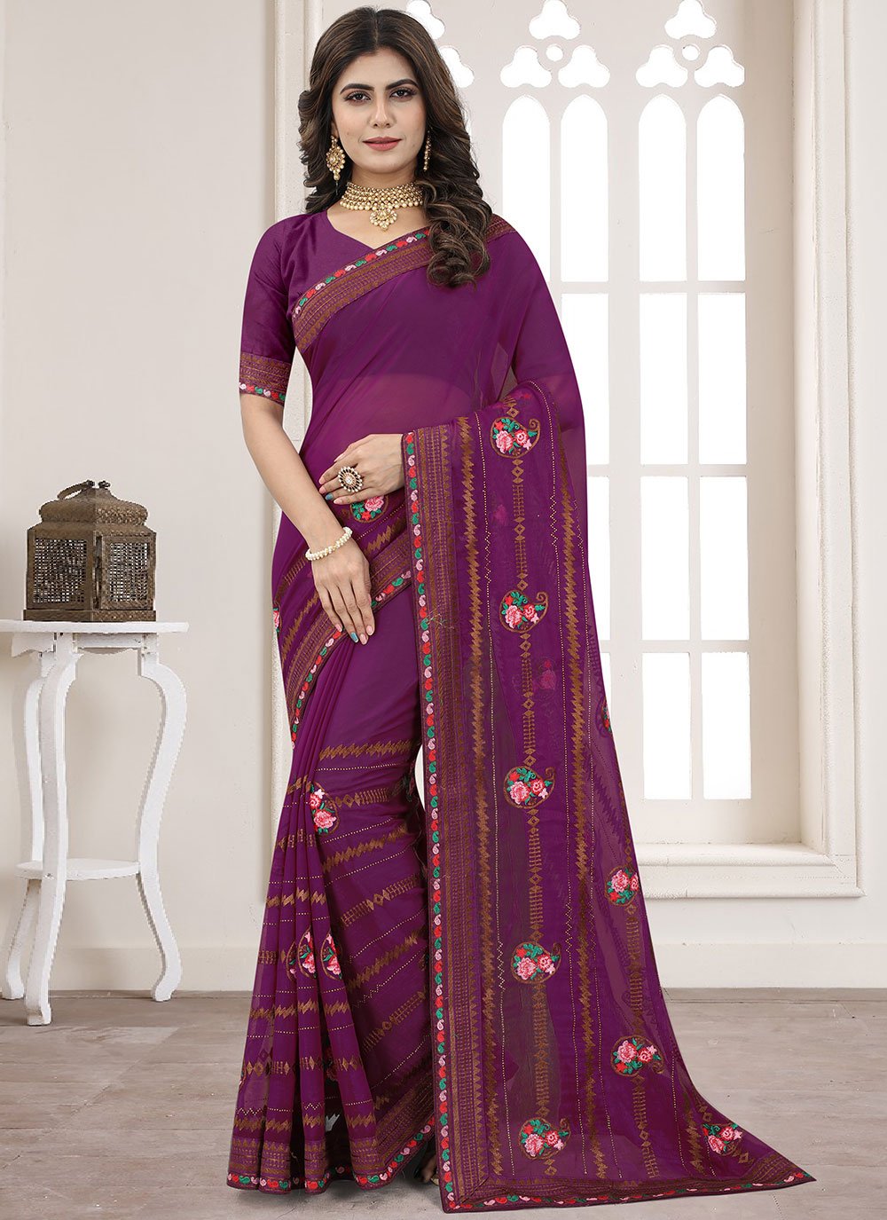 Trendy Saree Shimmer Silk Purple Embroidered Saree