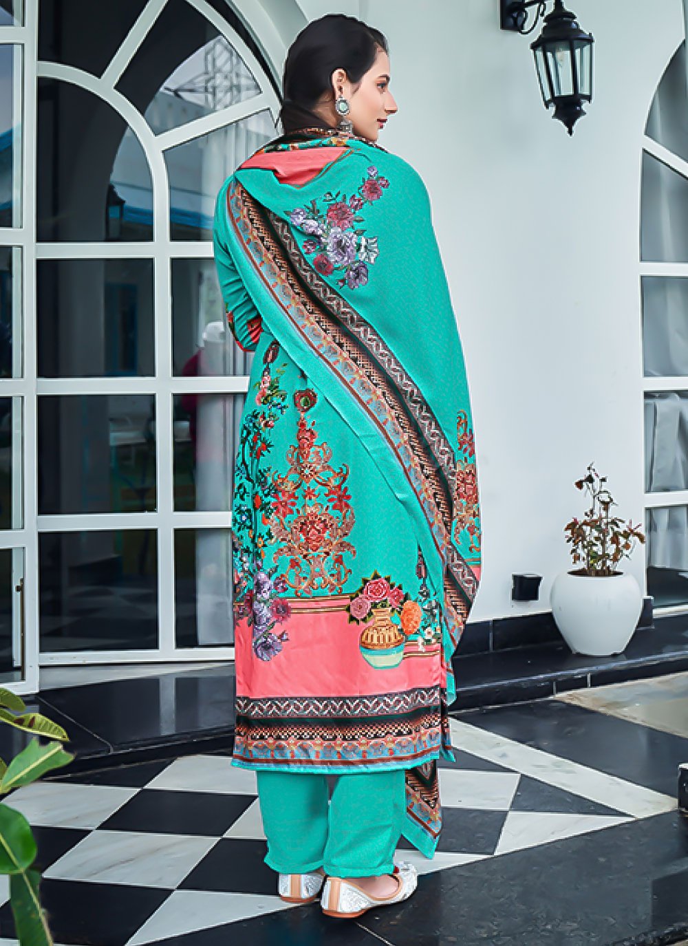 Straight Salwar Suit Pashmina Turquoise Digital Print Salwar Kameez