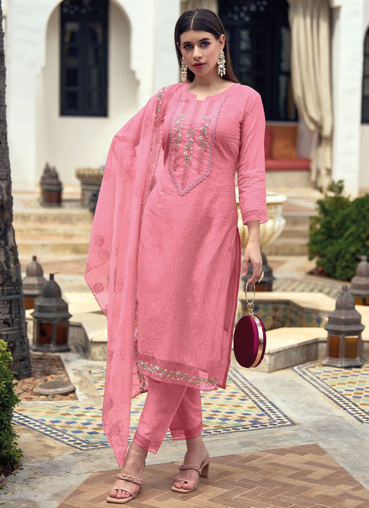Straight Salwar Suit Cotton Pink Embroidered Salwar Kameez