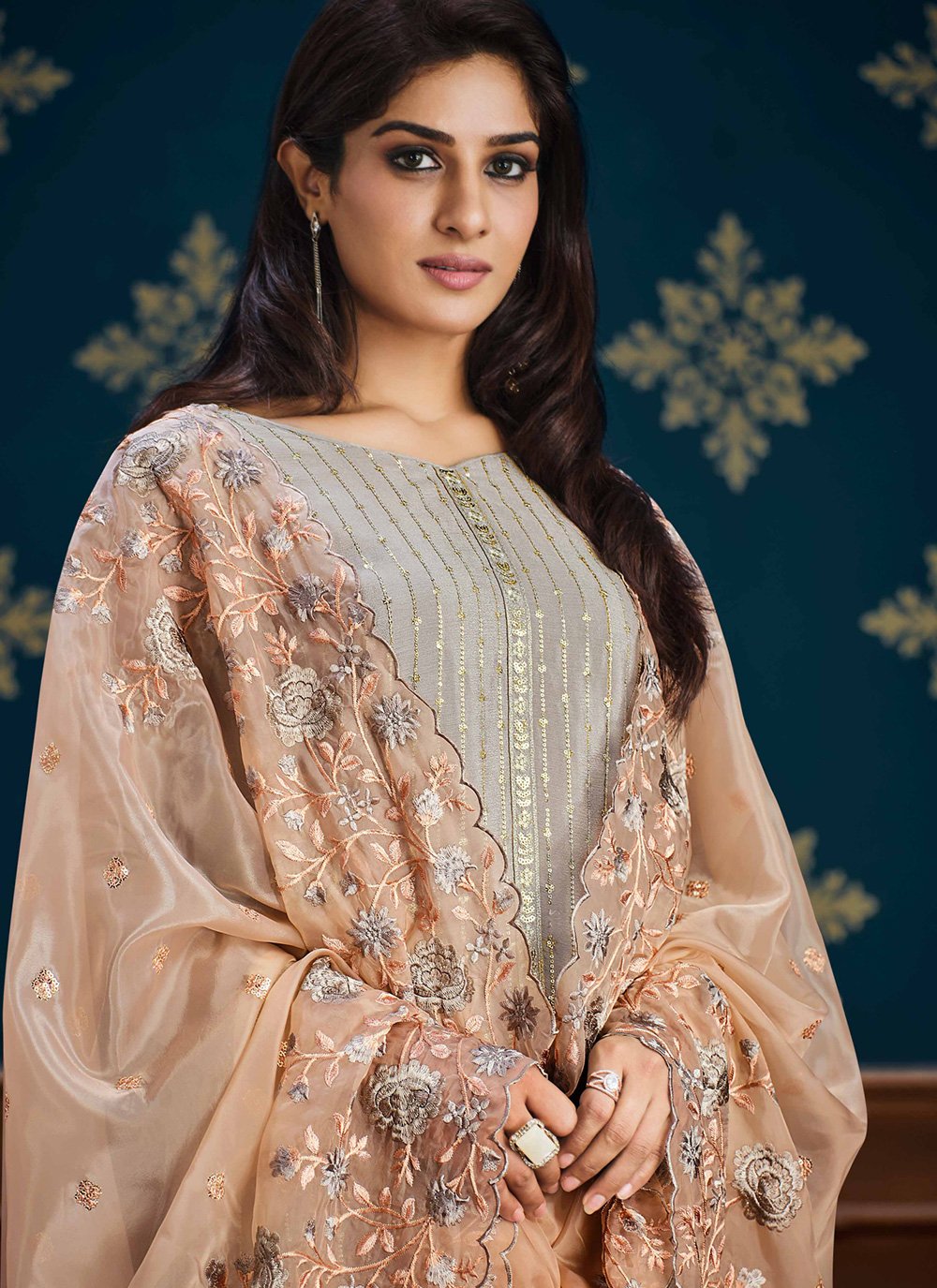 Straight Salwar Suit Chinon Grey Embroidered Salwar Kameez