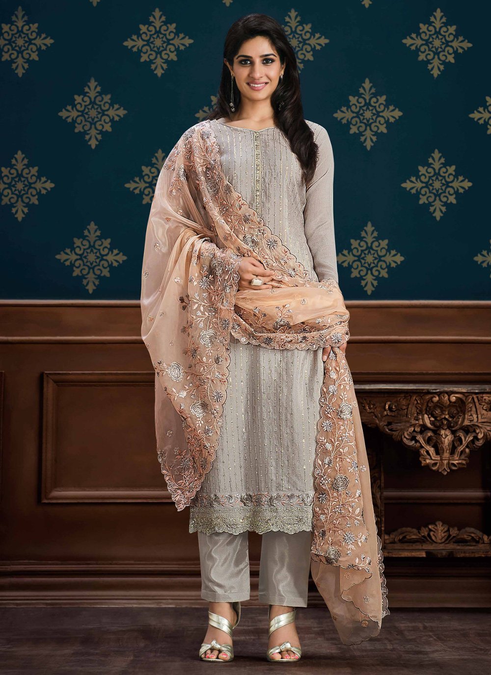 Straight Salwar Suit Chinon Grey Embroidered Salwar Kameez