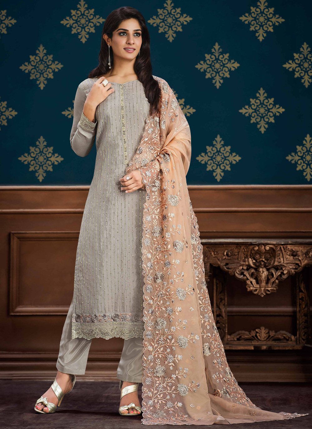 Straight Salwar Suit Chinon Grey Embroidered Salwar Kameez