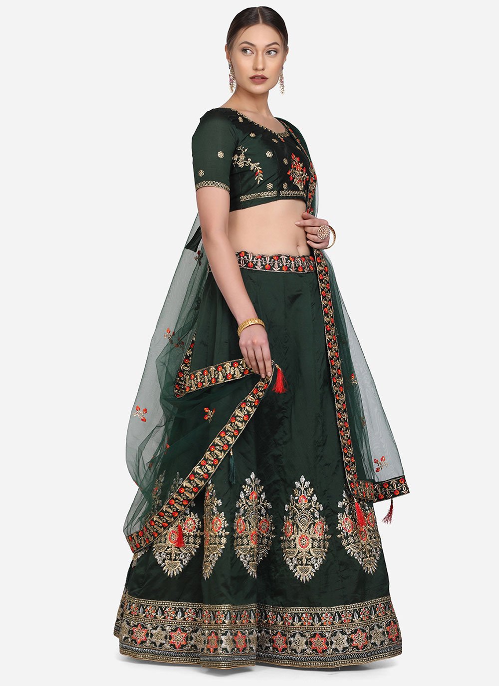 A Line Lehenga Tafeta Silk Green Embroidered Lehenga Choli