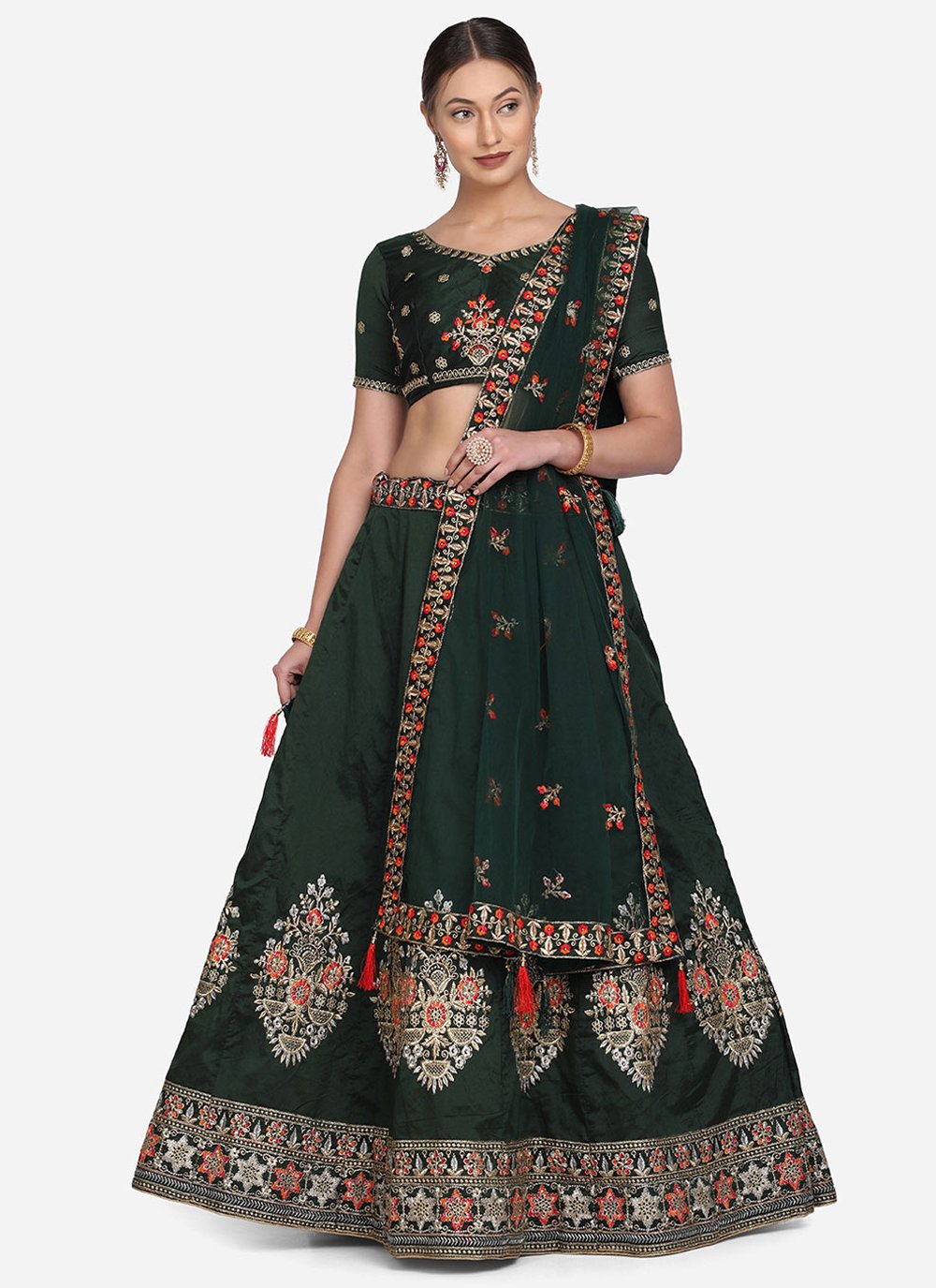 A Line Lehenga Tafeta Silk Green Embroidered Lehenga Choli