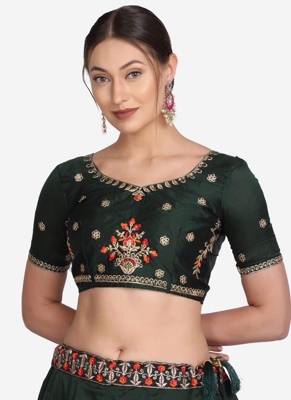 A Line Lehenga Tafeta Silk Green Embroidered Lehenga Choli