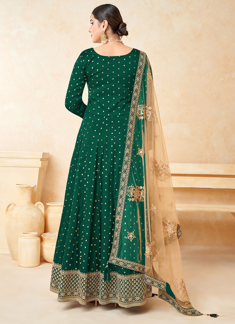 Anarkali Suit Tafeta Silk Green Embroidered Salwar Kameez