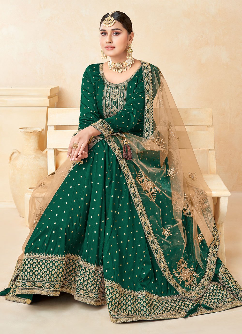 Anarkali Suit Tafeta Silk Green Embroidered Salwar Kameez