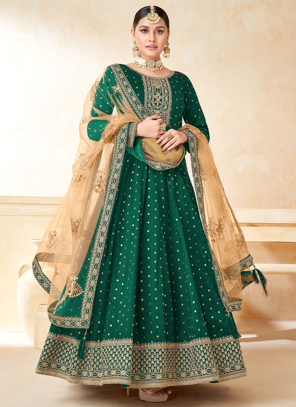 Anarkali Suit Tafeta Silk Green Embroidered Salwar Kameez