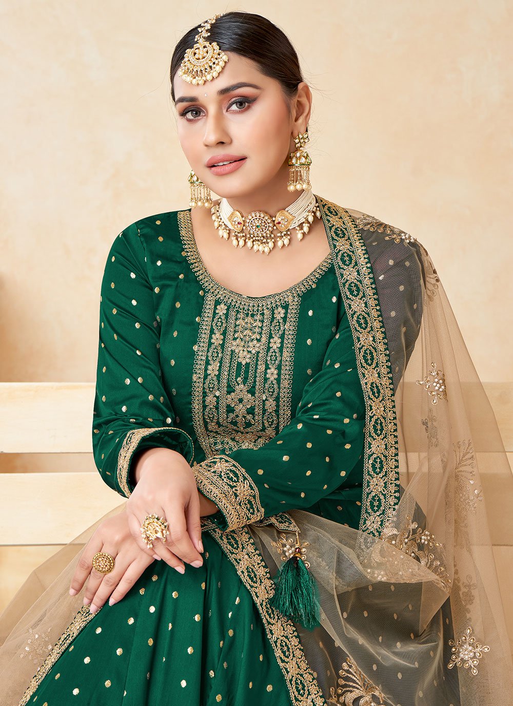 Anarkali Suit Tafeta Silk Green Embroidered Salwar Kameez