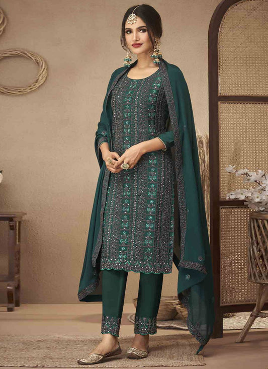 Straight Salwar Suit Chinon Teal Embroidered Salwar Kameez