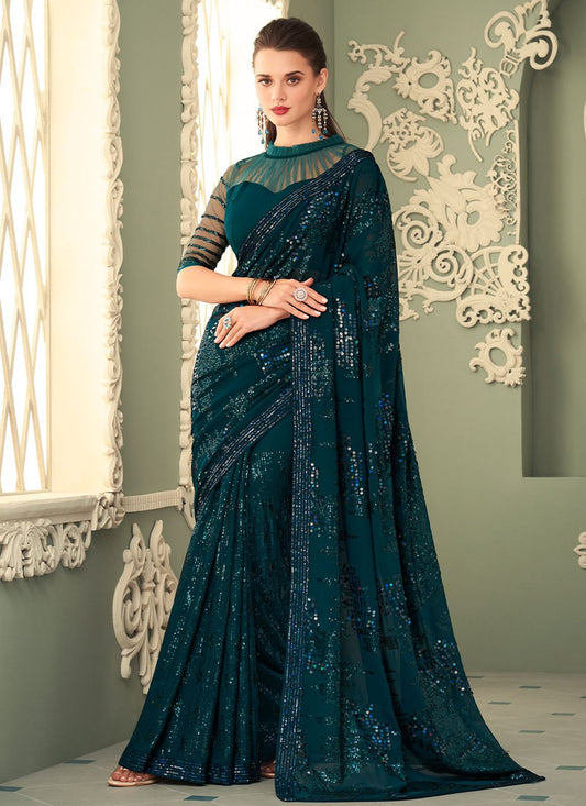 Contemporary Georgette Teal Embroidered Saree