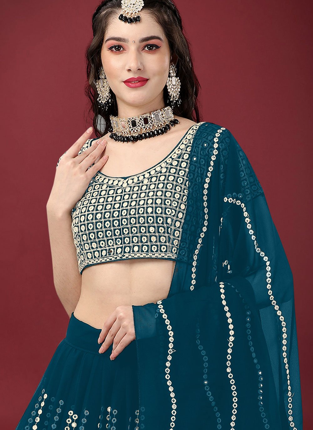 Lehenga Choli Faux Georgette Teal Embroidered Lehenga Choli