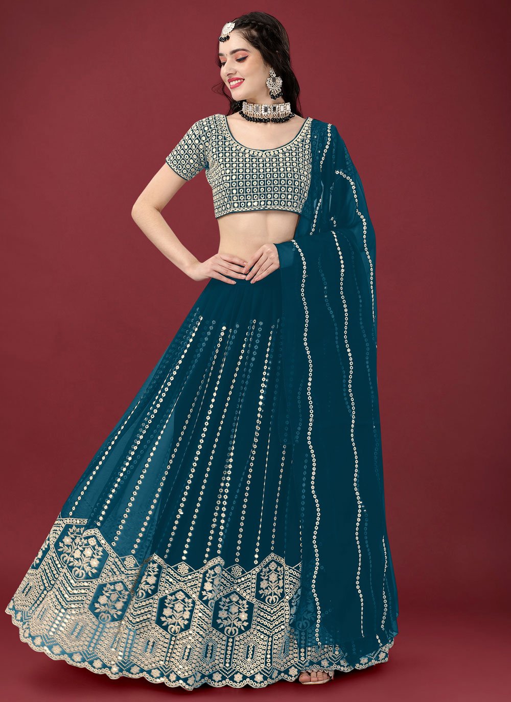 Lehenga Choli Faux Georgette Teal Embroidered Lehenga Choli