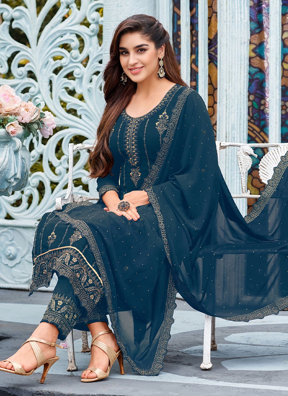 Salwar Suit Faux Georgette Teal Embroidered Salwar Kameez