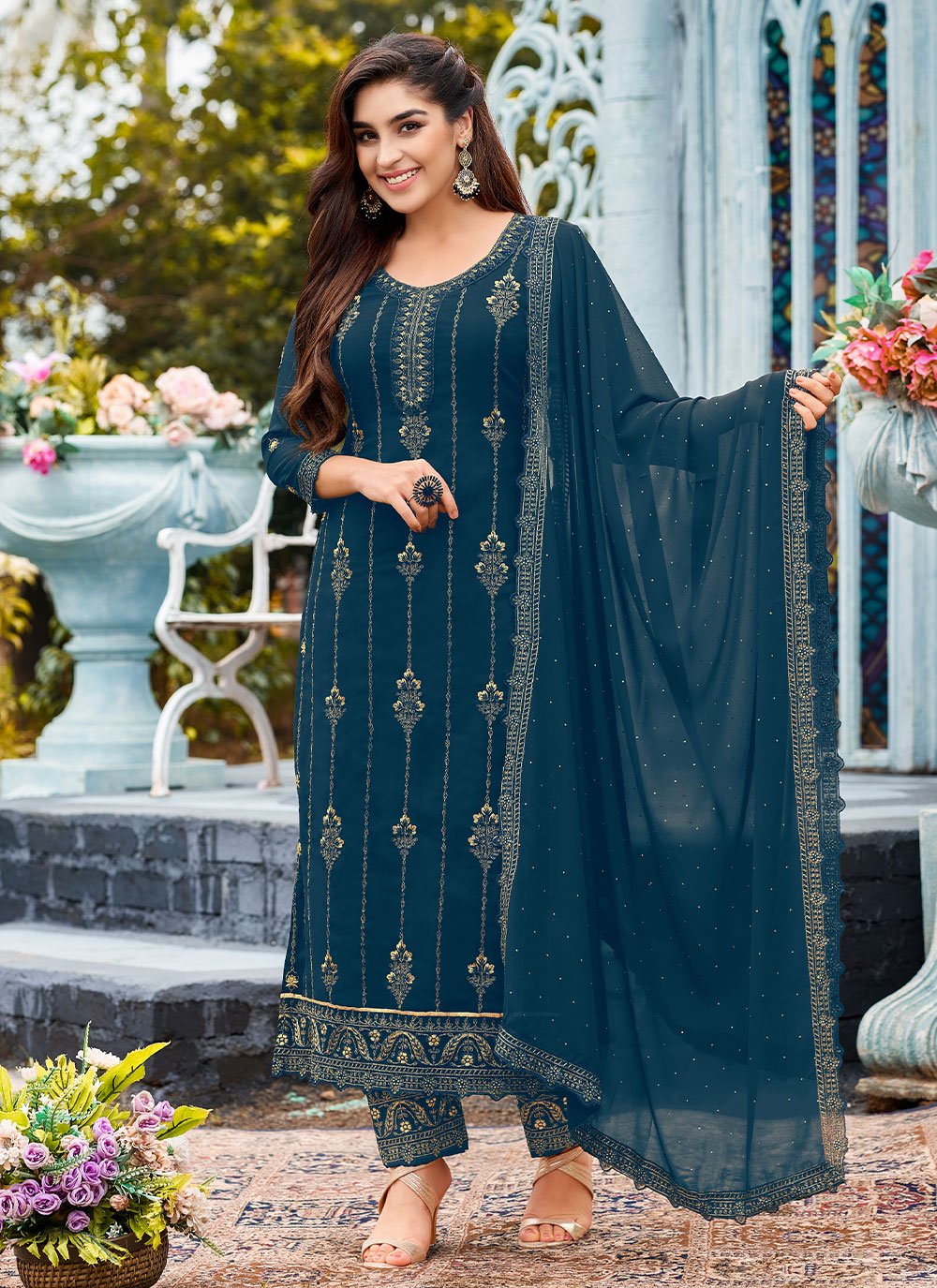 Salwar Suit Faux Georgette Teal Embroidered Salwar Kameez