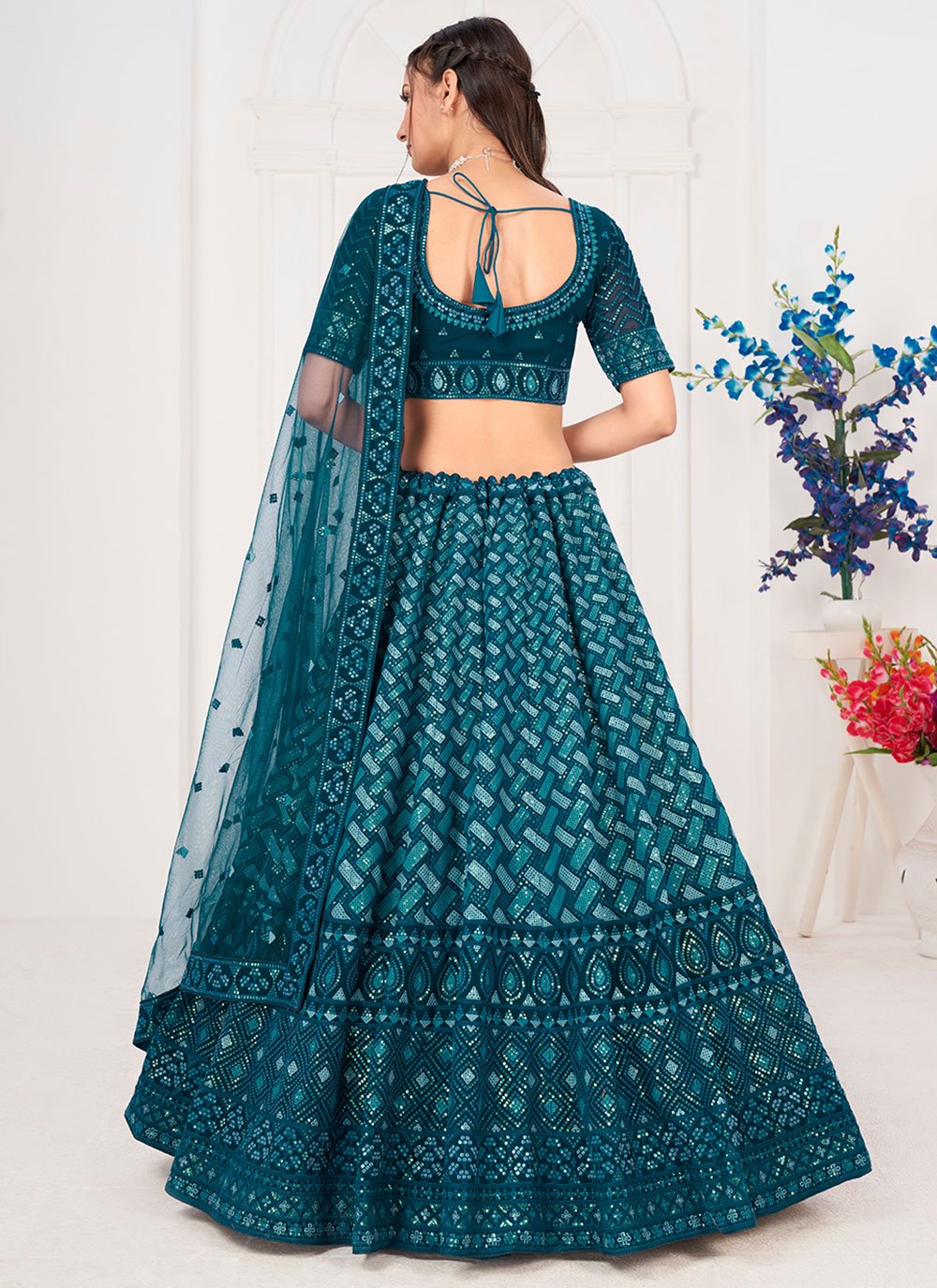 A Line Lehenga Georgette Teal Embroidered Lehenga Choli