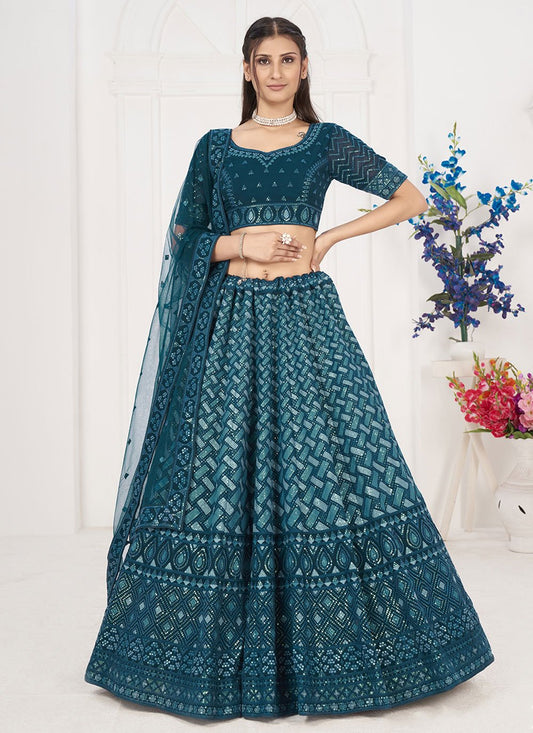 A Line Lehenga Georgette Teal Embroidered Lehenga Choli