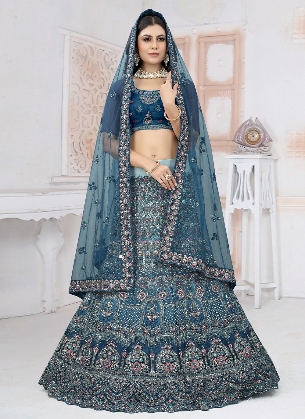 Lehenga Choli Net Teal Embroidered Lehenga Choli