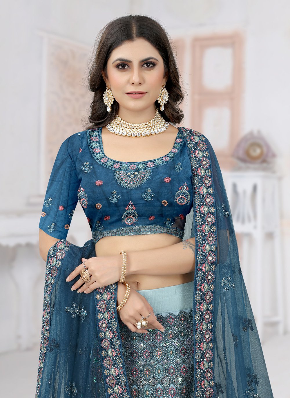 Lehenga Choli Net Teal Embroidered Lehenga Choli