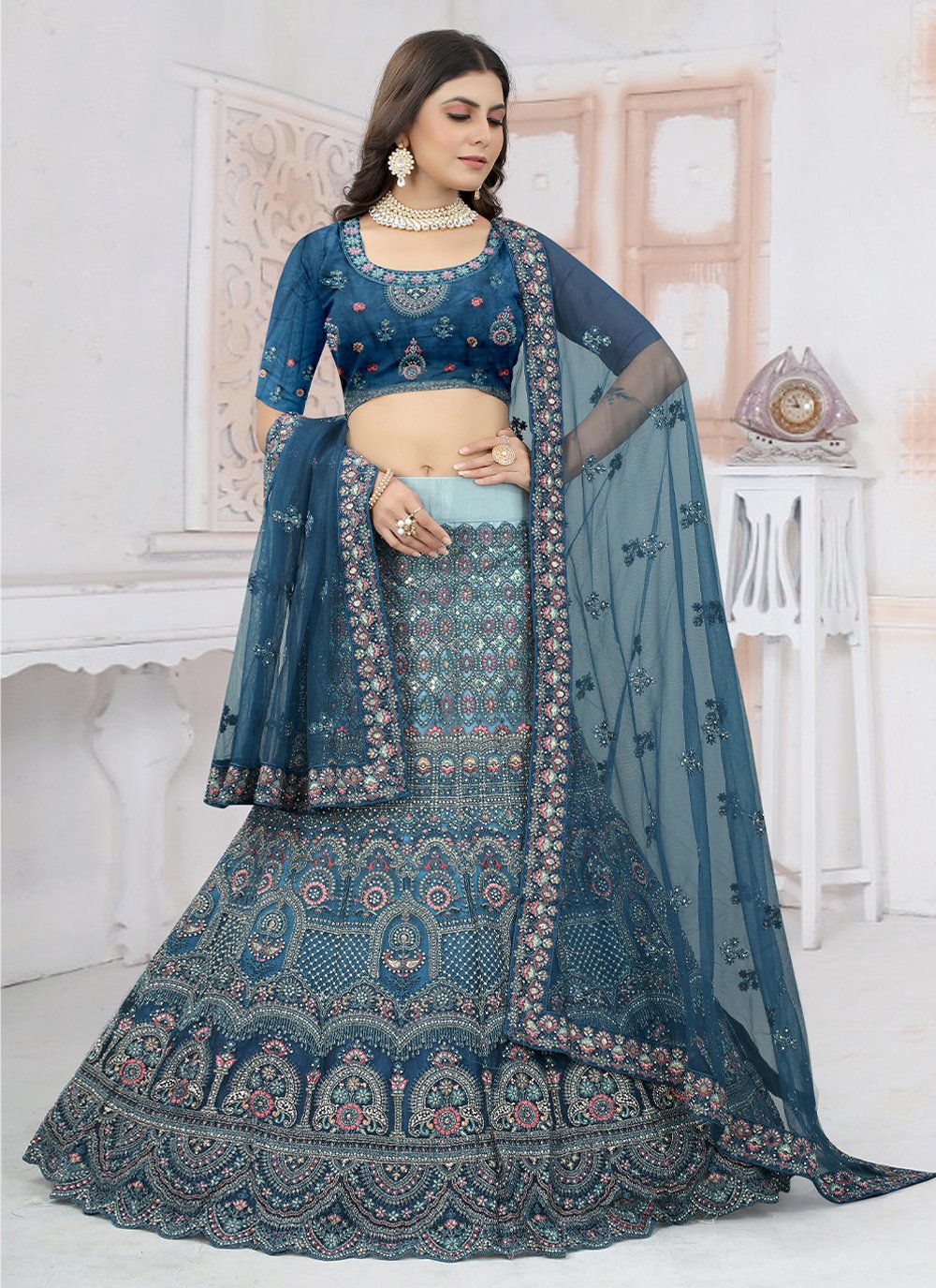 Lehenga Choli Net Teal Embroidered Lehenga Choli