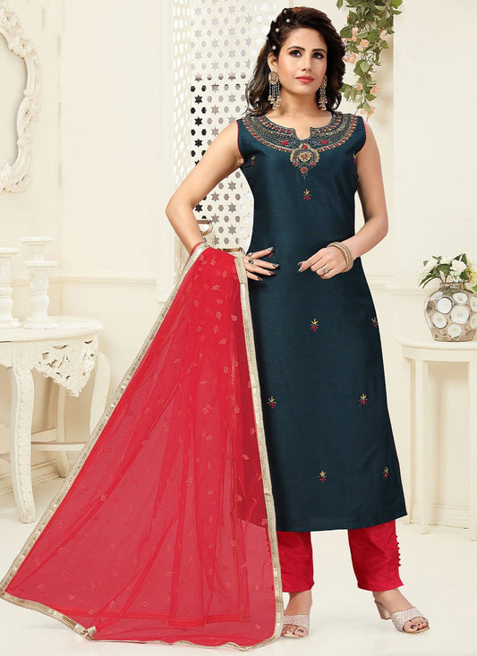 Salwar Suit Silk Teal Embroidered Salwar Kameez