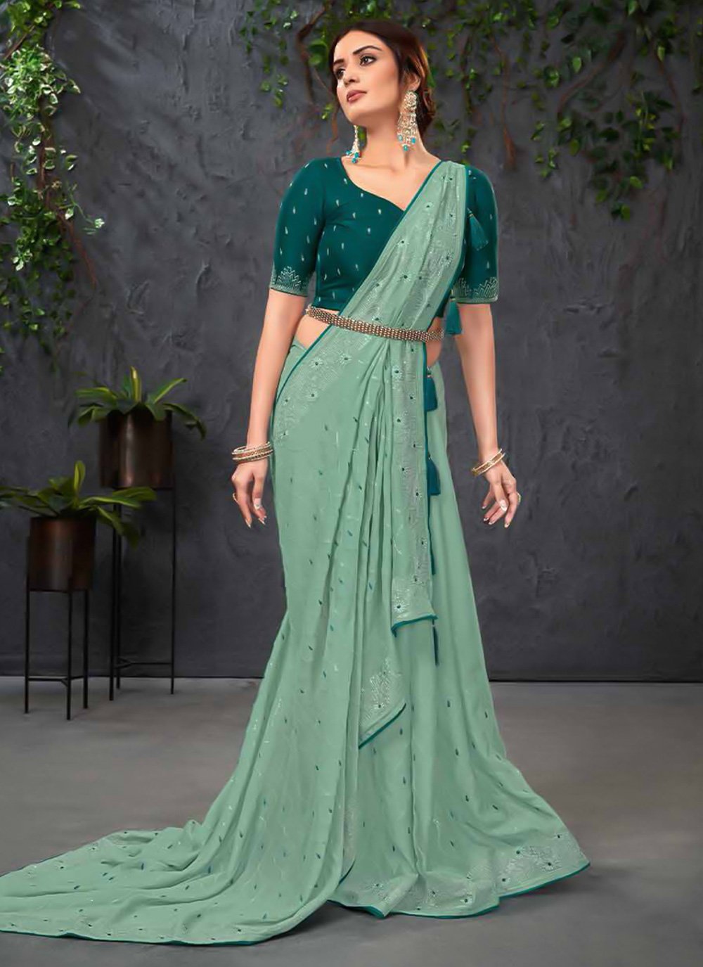 Contemporary Chiffon Tissue Brasso Sea Green Embroidered Saree