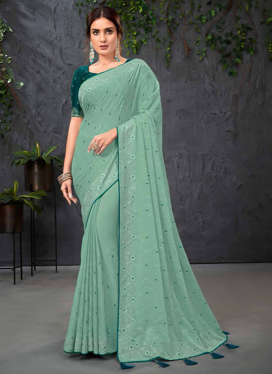 Contemporary Chiffon Tissue Brasso Sea Green Embroidered Saree