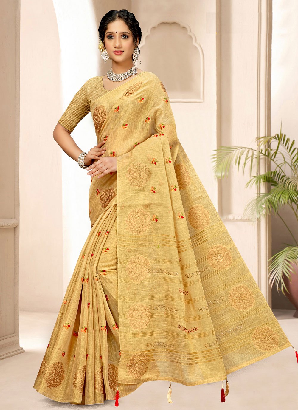 Classic Tissue Beige Embroidered Saree