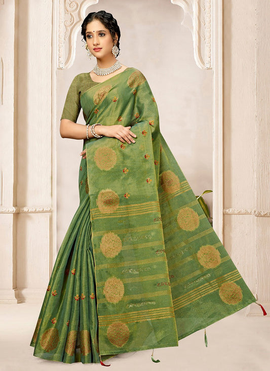 Contemporary Tissue Green Embroidered Saree