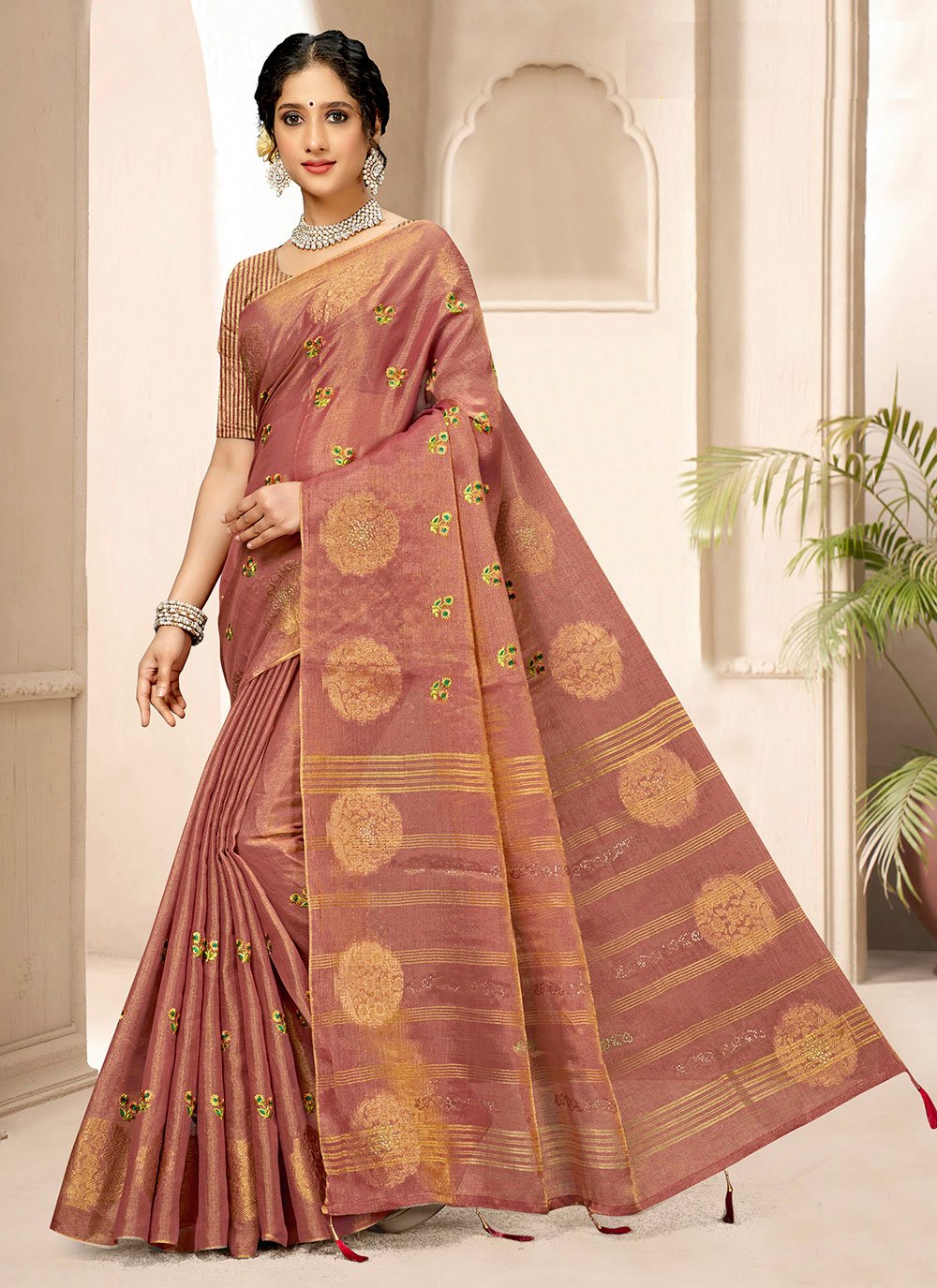 Classic Tissue Peach Embroidered Saree