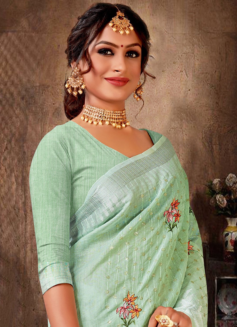 Classic Linen Tissue Sea Green Embroidered Saree