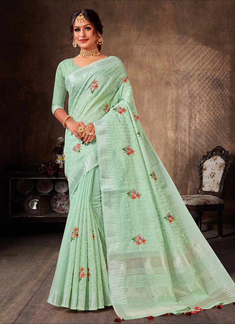 Classic Linen Tissue Sea Green Embroidered Saree